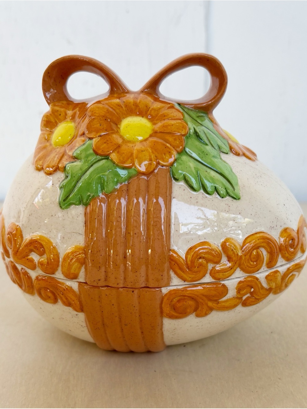 Vintage 1970's Duncan Ceramic Easter Egg Ribbon Sunflower Retro